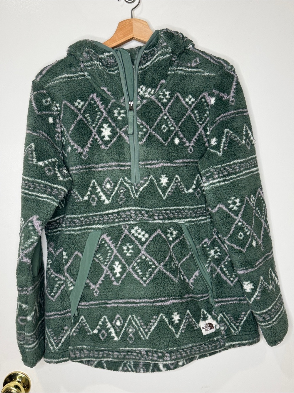 The North Face Dark Green Patterned Women Hooded Sherpa Pullover